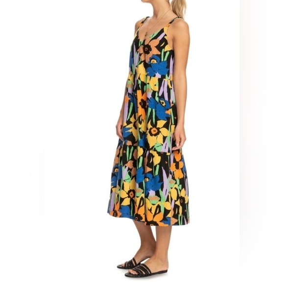 Roxy Waiting Line Bold Colors Midi Floral Boho Surfer Style Minimalist Dress - Picture 1 of 10